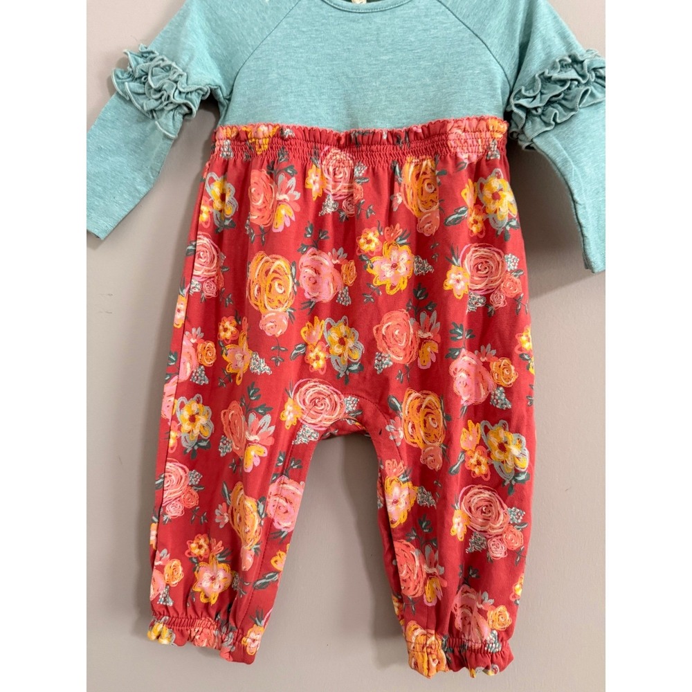 Matilda Jane Floral Romper Kids 6-12M Teal Red Ruffle Sleeve Long Sleeve - Picture 2 of 5